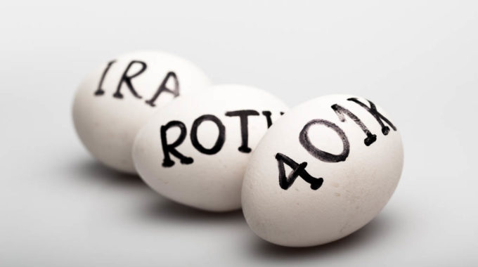 Three Eggs With The Inscription “Ira Roth 401K” On Grey Background
