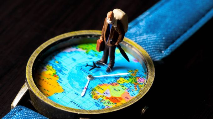 Old Man On Travel Watches. World Map Travel Photo Banner.