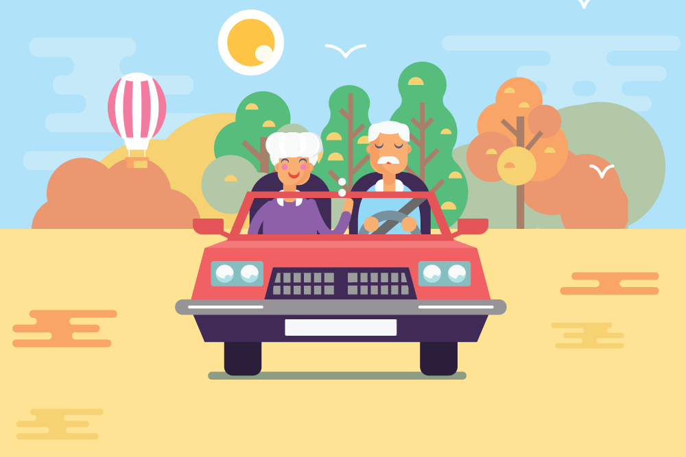 cartoon photo of happy old couple driving together
